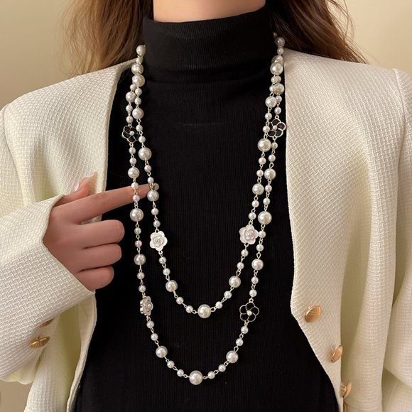 GOLICC Double Layer Long Flower Pearl Necklace - Picture 5 of 7